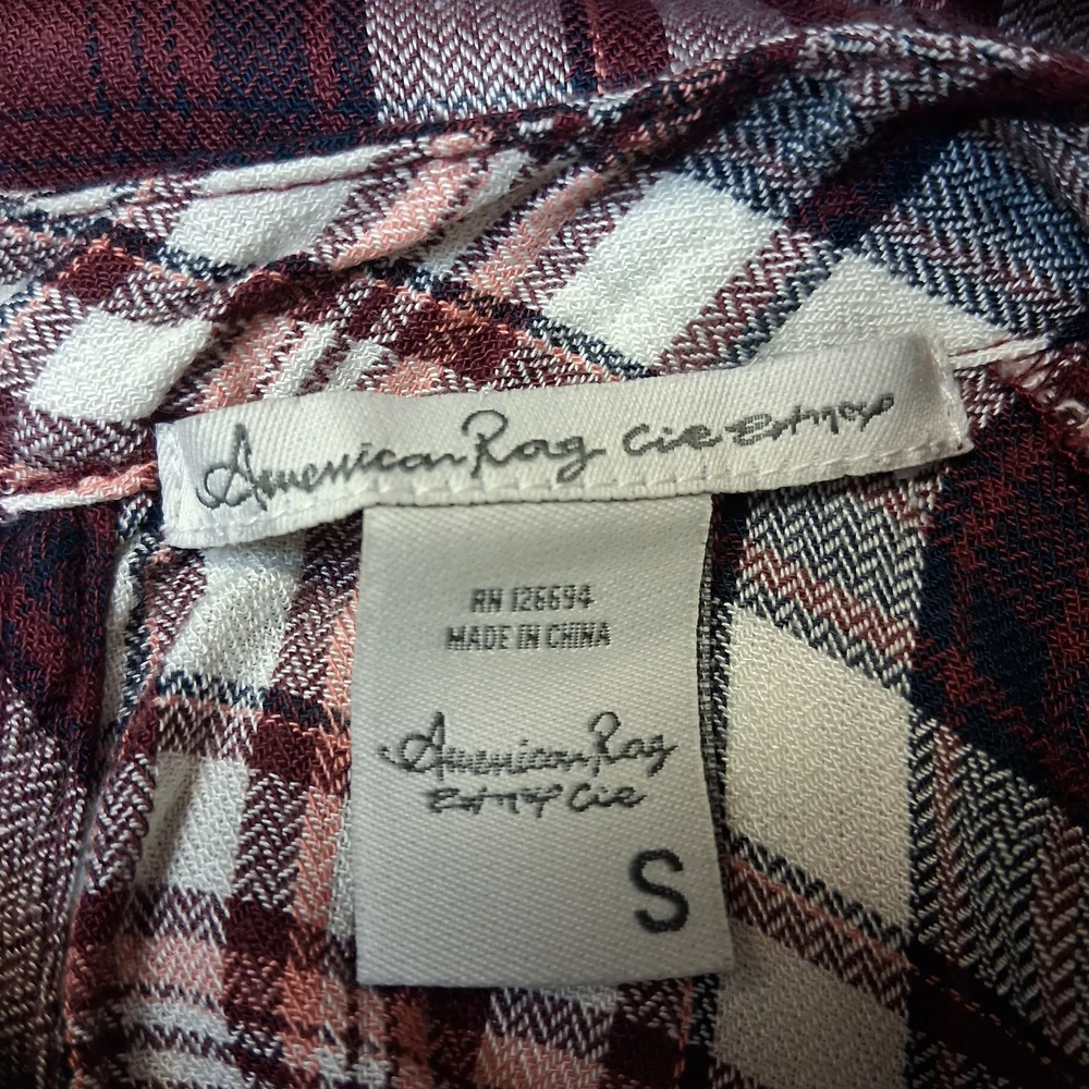 American Rag Cie Plainbell Vtg Burgundy Plaid Choker Blouse.Vtg Boho retro.Casua - Picture 3 of 16